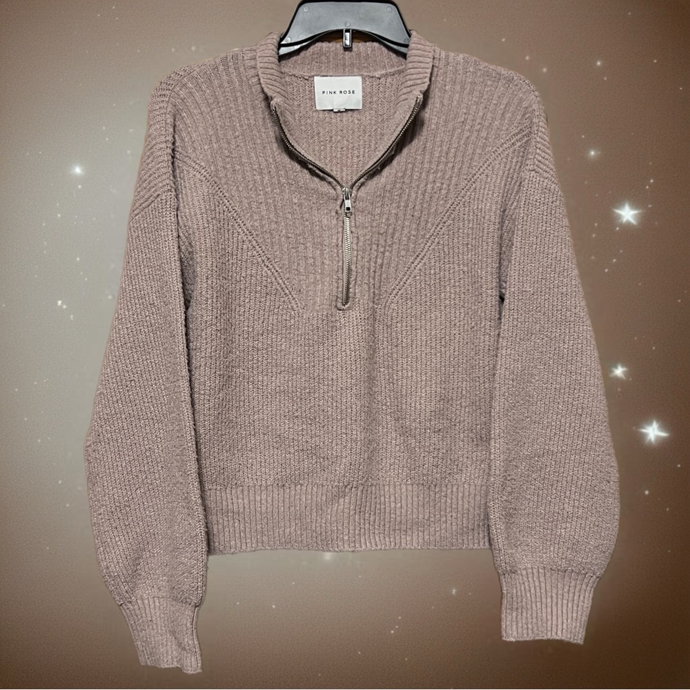 Pink Rose Women's Blush Pink Taupe Quarter Zip-Up Sweater Size Medium